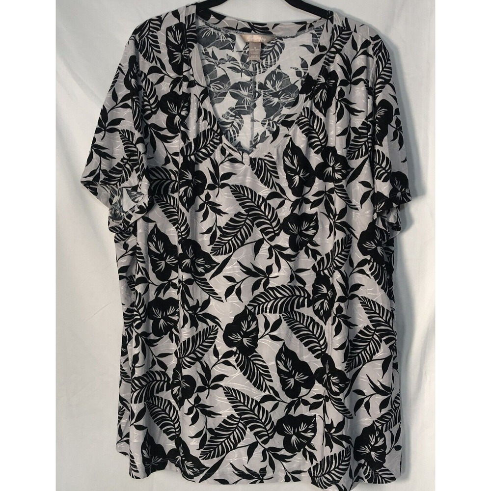 White Stag Woman's Plus Size Black‎ & Gray Tropical Short-Sleeve Top - Size 3X
